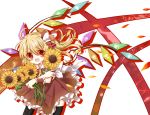 :d ascot black_legwear blush colored fang flandre_scarlet flower hair_flower hair_ornament happy highres kagamihino no_hat no_headwear open_mouth red_eyes short_hair side_ponytail skirt smile solo sunflower the_embodiment_of_scarlet_devil thigh-highs thighhighs touhou wings yamone zettai_ryouiki 