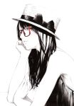  bare_shoulders blush bow chin_rest glasses hat hat_bow long_hair monochrome original porkpie_hat red-framed_glasses sawasawa solo spot_color 