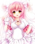  adult blush bow breasts cleavage cleavage_cutout dress face gloves goddess goddess_madoka hair_bow hands kaname_madoka long_hair looking_at_viewer mahou_shoujo_madoka_magica open_mouth payot pink_hair short_twintails solo taut_shirt twintails ultimate_madoka white_gloves yellow_eyes youqiniang 