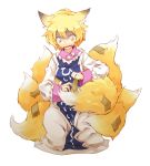  animal_ears blonde_hair fox_ears fox_tail gloom_(expression) multiple_tails nerugal no_hat no_headwear seiza short_hair simple_background sitting solo tail tape touhou translated yakumo_ran yellow_eyes 