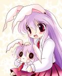  :3 :d animal_ears blush bunny_ears chibi dress_shirt dual_persona hand_on_cheek hand_on_head hands_on_own_cheeks hands_on_own_face long_hair multiple_girls multiple_persona open_mouth petting purple_hair red_eyes reisen_udongein_inaba shirt sitting sitting_on_lap sitting_on_person skirt smile solo touhou yume_shokunin 