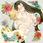  blonde_hair blue_eyes breasts cleavage closed_eyes cloud_strife dress earrings eyes_closed final_fantasy final_fantasy_vii flower hug jewelry long_hair low-tied_long_hair multicolored_rose pale_color pink_rose purple_rose red_rose rikoko rose tifa_lockhart yellow_rose 