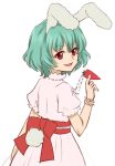  animal_ears bow bunny_ears bunny_tail carrot cosplay drawfag dress green_hair inaba_tewi inaba_tewi_(cosplay) jewelry necklace pendant red_eyes short_hair siesta410 solo tail touhou umineko_no_naku_koro_ni 