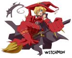  1girl arai_nobu belt black_cat black_cat_(animal) blonde_hair broom broom_riding cape cat digimon facial_mark female hat open_mouth pointy_ears short_hair sidesaddle solo tattoo text witch_hat witchmon 