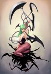  alxndr-art arm_up armpits artist_request bat bat_wings blade boots bridal_gauntlets capcom chain chains demon_girl green_hair head_wings high_heels highres lips lipstick looking_at_viewer makeup morrigan_aensland mouth_hold pantyhose shoes sitting solo succubus vampire_(game) wings 
