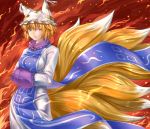  ant_of_spirit blonde_hair face fire fox_tail hands_in_sleeves hat multiple_tails short_hair solo tail touhou yakumo_ran yellow_eyes 