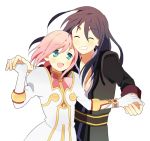  1girl black_eyes closed_eyes couple estellise_sidos_heurassein eyes_closed gloves green_eyes grin hand_holding happy holding_hands long_hair open_mouth pink_hair shinonome short_hair smile tales_of_(series) tales_of_vesperia yuri_lowell 