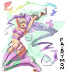  1girl arai_nobu boots breasts cleavage digimon digimon_frontier facial_mark fairy_wings fairymon gloves long_hair midriff navel open_mouth purple_hair simple_background text thigh-highs thigh_boots thighhighs very_long_hair visor wings 
