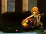  acoustic_guitar blonde_hair blue_eyes boots dress guitar instrument kagamine_rin short_hair sitting smile solo tokyo_to_rock_city_(vocaloid) vocaloid yucco 