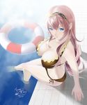  1girl arm_support bikini blue_eyes breasts cleavage from_above hairband highres innertube large_breasts long_hair looking_at_viewer megurine_luka okingjo pink_hair pool poolside project_diva side-tie_bikini signature sitting solo swimsuit vocaloid 