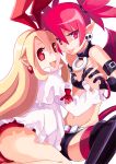  2girls bare_shoulders belt blonde_hair buckle choker demon_girl demon_tail disgaea earrings elbow_gloves etna fang flonne flonne_(fallen_angel) gloves holding_hands isiko1121 jewelry long_hair looking_at_viewer midriff multiple_girls navel open_mouth pointy_ears red_eyes redhead short_shorts short_twintails shorts skull tail thighhighs tongue tongue_out twintails wings 