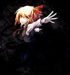  1girl black_dress blonde_hair bow darkness dress eruza hair_bow highres long_sleeves looking_at_viewer necktie outstretched_arms rumia shirt smile solo touhou yellow_eyes 