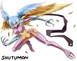  1girl arai_nobu arm_guards blue_eyes blue_hair breastplate claws digimon digimon_frontier feathers garter_belt head_wings hips knee_guards mask monster_girl navel pink_legwear scarf short_hair shutumon simple_background solo talons text thigh-highs thighhighs wings zephyrmon 