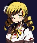  1girl bandages blonde_hair blood blood_on_face bloody_clothes bloody_hair dirty_clothes drill_hair hobbang injury mahou_shoujo_madoka_magica solo tomoe_mami yellow_eyes 