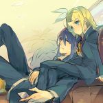  1girl age_difference bad_id blonde_hair blue_eyes blush bow cellphone couch couple fingernails formal frown hagi_(artist) hair_bow hair_ornament hairclip height_difference kagamine_rin kamui_gakupo long_hair nail_polish necktie pant_suit phone plant purple_eyes purple_hair short_hair sitting size_difference suit violet_eyes vocaloid 