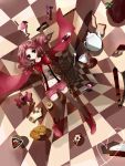  bad_id black_legwear bow candy cape charlotte_(madoka_magica) checkerboard_cookie checkered checkered_floor cookie dj.adonis dj_ace_rock doughnut drill_hair food fork highres ice_cream mahou_shoujo_madoka_magica midriff navel personification pink_eyes pink_hair popsicle shorts suspenders sweets teapot thigh-highs thighhighs twin_drills 