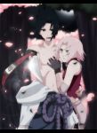  1boy 1girl annria2002 artist_request black_hair couple cuts gloves green_eyes haruno_sakura highres injury naruto out_of_character pink_hair source_request sword uchiha_sasuke weapon 