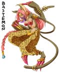  1girl :q animal_ears anklet arai_nobu armlet bastemon bracelet braid breasts cat_ears cat_tail claws cleavage digimon digimon_xros_wars earrings gem hair_ornament harem_pants jewelry long_hair multiple_tails navel necklace pink_hair ring simple_background single_braid solo tail text tiara toe_ring tongue veil very_long_hair yellow_eyes 