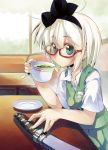  1girl aqua_eyes bespectacled blush bow cup glasses green_tea hair_bow hairband hand_on_hilt katana konpaku_youmu looking_at_viewer nanaroku_(fortress76) pinky_out red-framed_glasses saucer sheath sheathed shirt short_hair short_sleeves silver_hair skirt skirt_set small_breasts solo sword table teacup touhou vest weapon 
