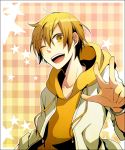  ayunekoya blonde_hair durarara!! earrings hoodie jacket jewelry kida_masaomi male mutsuki_ayumi open_mouth smile solo wink yellow_eyes 