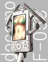  bikini bikini_top breasts cellphone commentary_request flat_chest large_breasts navel original personification phone robot screen solo swimsuit 