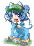  all_fours amau_(artist) animal_ears blue_dress blue_eyes blue_hair blush cat_ears cat_pose cat_tail chibi dress fangs hair_bobbles hair_ornament hat highres kawashiro_nitori kemonomimi_mode open_mouth paw_pose solo tail touhou twintails wrench 