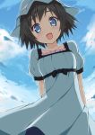 1girl arms_behind_back black_hair blue_eyes blue_sky blush cloud clouds dress hat highres kantoku_(style) looking_at_viewer open_mouth shiina_mayuri short_hair sky sky_(freedom) smile solo steins;gate 