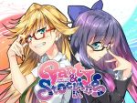  aqua_eyes bespectacled blonde_hair bow glasses hair_bow kantoku_(style) long_hair multiple_girls panty_&amp;_stocking_with_garterbelt panty_(character) panty_(psg) piromizu purple_hair smile stocking_(character) stocking_(psg) 