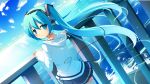  aqua_eyes aqua_hair blue_eyes blue_hair hatsune_miku highres long_hair looking_at_viewer looking_back masaki_(machisora) ocean sea skirt sky smile solo thigh-highs thighhighs twintails very_long_hair vocaloid 