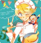  bad_id blonde_hair blue_eyes bowl chef chef_hat cooking cream dual_persona food hat kuma_(persona_4) male persona persona_4 pose solo tongue toque_blanche whisk wink xacco 