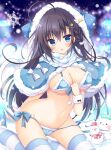  1girl :p animal_hood bikini black_hair blue_bikini blue_eyes blue_ribbon blue_santa_costume breasts cat_hood cat_tail christmas hair_ornament hairpin hood long_hair looking_at_viewer medium_breasts navel night original picpicgram ribbon santa_costume smile snowflakes snowing snowman solo star_(symbol) striped striped_legwear swimsuit tail thigh-highs tongue tongue_out very_long_hair 