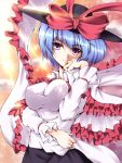  blue_hair bow breasts bust chorin frills hand_to_mouth hat hat_ribbon impossible_clothes impossible_clothing impossible_shirt nagae_iku red_eyes ribbon scarf shirt short_hair solo sparkle sunbeam sunlight taut_shirt touhou 
