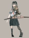  bad_id black_eyes black_hair copyright_request gauntlets glasses greaves highres kneehighs mo-mo-ride scabbard school_uniform serafuku sheath sheathed simple_background skirt solo standing sword weapon 