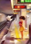  brown_hair child dog dress flying_paper maromi mousou_dairinin paper paranoia_agent plush_toy s.advent sagi_tsukiko sign solo standing subway train_station twintails yellow_dress 