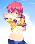  arm_up ayase08 blue_eyes blush dirty dirty_face hand_on_own_chest hand_to_chest inazuma_eleven inazuma_eleven_(series) inazuma_eleven_go kirino_ranmaru male midriff navel pants pigtail pink_hair ponytail pun2 shirt short_twintails smile solo sweat trap twintails 