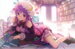  1girl absurdres adjusting_glasses an2a book bookshelf bow breasts crescent_moon detached_sleeves glasses hair_bow hat highres lace library long_hair lying moon on_stomach open_mouth patchouli_knowledge purple_hair red-framed_glasses scan socks solo touhou very_long_hair violet_eyes 