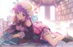  1girl absurdres an2a bespectacled book bookshelf bowtie breasts crescent_moon detached_sleeves glasses hat highres legs library long_hair looking_at_viewer moon patchouli_knowledge purple_hair ribbon tagme touhou violet_eyes 