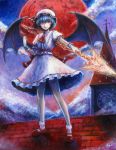  blue_hair bobby_socks brooch clock clock_tower cloud clouds dress footwear full_moon hat jewelry mary_janes moon oil_painting_(medium) polearm red_eyes red_moon remilia_scarlet rooftop shoes short_hair socks solo spear spear_the_gungir spear_the_gungnir tafuto touhou tower traditional_media weapon wings 