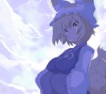  animal_ears blonde_hair blue breasts cloud clouds hands_in_sleeves hat head_tilt impossible_clothes impossible_clothing looking_up ryuno short_hair solo tail touhou wide_sleeves yakumo_ran yellow_eyes 