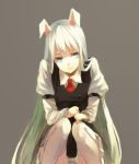  adapted_costume alternate_color alternate_eye_color animal_ears bad_id blue_eyes bunny_ears buttons fingernails lips long_hair long_sleeves necktie reisen_udongein_inaba simple_background sitting smile solo thigh-highs thighhighs touhou white_hair white_legwear yasumo_(kuusouorbital) zettai_ryouiki 