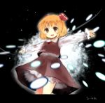  ahoge bad_id blonde_hair blush brown_eyes character_name danmaku hair_ribbon highres letterboxed mika_(moc828) motion_blur no_nose open_mouth outstretched_arms pearl_flower ribbon rumia short_hair sketch smile solo spread_arms the_embodiment_of_scarlet_devil touhou youkai 