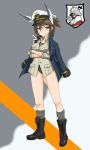  boots brown_eyes commentary commentary_request crossed_arms hat head_wings jacket_on_shoulders ogitsune_(ankakecya-han) scar sleeves_rolled_up strike_witches strike_witches_1991 swimsuit swimsuit_under_clothes tail uniform 