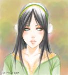  avatar avatar_the_last_airbender black_hair blind blue_eyes blush_stickers collarbone earmuffs eyelashes hairband lips long_hair nermallion portrait solo toph toph_bei_fong v-neck 