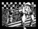  border checkered chotto flandre_scarlet flower gears hat monochrome short_hair side_ponytail smile solo the_embodiment_of_scarlet_devil touhou traditional_media wings 