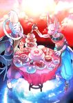  2boys a_k_o bracelet cake dragon_ball dragon_ball_z dragon_ball_z_kami_to_kami food fork hakaishin_bills jewelry male multiple_boys sitting table teapot whis 