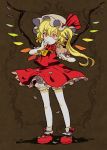  ascot blonde_hair blood bloomers child dress feathers flandre_scarlet hat long_hair mary_janes mattie red_dress red_eyes shoes side_ponytail socks solo standing the_embodiment_of_scarlet_devil thumb_sucking touhou white_legwear wings 