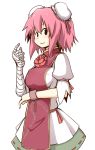  bandages blush bun_cover double_bun flower ibaraki_kasen kumo_(atm) pink_hair pinky_out shackle short_hair short_sleeves smile standing touhou 