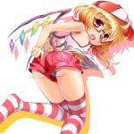  adjusting_clothes alternate_costume armpits ass bare_shoulders bespectacled blonde_hair fang flandre_scarlet flat_chest glasses hat open_mouth panties red_eyes shirt shorts side_ponytail solo striped striped_legwear striped_panties sushoyushi the_embodiment_of_scarlet_devil thigh-highs thighhighs touhou underwear upshirt wings zettai_ryouiki 
