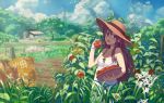  basket bow brown_eyes brown_hair bug dirt dog dress farm fence food hat ladybug long_hair m_george open_mouth original plant ribbon sign solo tomato translated translation_request tree vegetable white_dress 