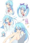  animal_ears bare_shoulders blue_eyes blue_hair blush bow box cat_ears cat_tail closed_eyes denpa_onna_to_seishun_otoko eyes_closed food food_on_face girl_in_a_box hair_bow head_tilt heart in_box in_container kemonomimi_mode long_hair minoru multiple_persona open_mouth ribbon_choker shirt sitting solo star tail touwa_erio twintails ufo wrapped_up 
